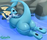 ambiguous_feral ambiguous_gender big_butt blue_body butt feral looking_back partially_submerged raised_tail solo tail water galv3z_(artist) nintendo pokemon eeveelution generation_1_pokemon pokemon_(species) vaporeon 2021 hi_res signature