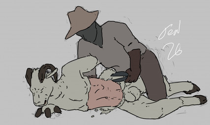 anthro balls bovid_horn caprine_horn clothed clothed_human clothing duo eyes_closed forced_shearing fur genitals grey_background hat headgear headwear hooves horn male male/male nude nude_anthro pale_skin pinned pinned_to_ground pinning_down ram_horn sheared shearing simple_background struggling text white_body white_fur white_text white_wool wool_(fur) jeri_kleinlowe bovid caprine human mammal sheep 2026 colored dated hi_res signature
