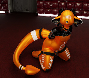 ankle_cuffs anthro barcode belt binder_(restraint) chastity_cage chastity_device clothing collar cuff_(restraint) faceless hooves horn latex latex_clothing latex_mask latex_skinsuit male mask orange_latex prison_uniform prisoner restraints skinsuit solo spade_tail tail tight_clothing bovid caprine caprine_demon demon goat goat_demon mammal absurd_res hi_res