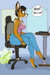 anthro bodily_fluids chair cloven_hooves computer dialogue electronics embarrasment fart fart_fetish female female_farting furniture gas hooves laptop nervous office office_chair scut_tail short_tail sitting solo sound_effects speech_bubble sweat tail ravi_skunk lotus_lafawn deer mammal 2:3 hi_res