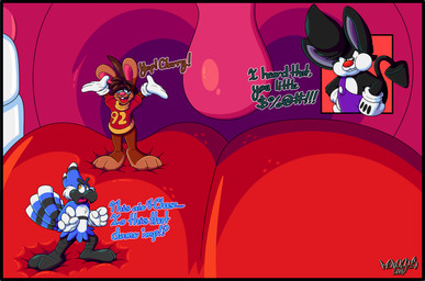 2_toes 3_toes 4_fingers anthro big_feet big_tongue feet fingers group inside_mouth male male/male mawplay paws red_tongue soft_vore tail toes tongue toony trio uvula vore marquis2007 aj_(marquis2007) herman_(marquis2007) roderick_(tamerkoh) avian bird blue_jay corvid imp jay_(bird) lagomorph leporid mammal new_world_jay oscine passerine rabbit absurd_res hi_res