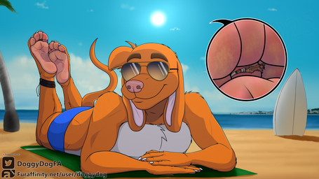4_toes anthro beach between_toes butt claws clothing duo extreme_size_difference eyewear feet foot_fetish foot_focus foot_play male male/male micro pawpads paws size_difference stuck_to_foot sunglasses swimwear tied_to_foot toe_claws toes doggydog doggydog_(character) canid canine mammal 2025 absurd_res hi_res
