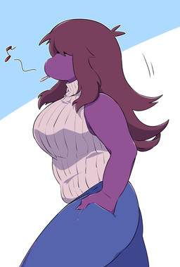 anthro big_breasts bottomwear breasts brown_hair chalk chalk_in_mouth clothing denim denim_bottomwear denim_clothing female freckled_face freckles hair hair_over_eyes hand_in_pocket jeans musical_note musical_symbol non-mammal_breasts pants pockets purple_body sleeveless_sweater solo sweater symbol topwear walking white_clothing white_sweater white_topwear underchikichan deltarune undertale_(series) susie_(deltarune) lightner scalie hi_res