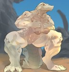 albino anthro big_breasts breasts claws crouching female front_view muscular muscular_female nipples non-mammal_breasts non-mammal_nipples outside pupils scales slit_pupils solo tail thick_tail toe_claws white_body white_scales chopishx crocodilian reptile scalie hi_res