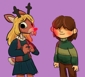 ambiguous_gender ambiguous_human anthro antlers blonde_hair bottomwear brown_body brown_fur brown_hair buckteeth closed_smile clothed clothed_anthro clothed_human clothing duo eyebrow_through_hair eyebrows freckled_face freckles fur glowing glowing_nose hair hair_over_eyes horn looking_aside mouth_closed pants purple_background red_nose simple_background skirt smile sweater teeth topwear translucent translucent_hair unknown_artist deltarune rankin/bass rudolph_the_red-nosed_reindeer_(tv_special) undertale_(series) kris_dreemurr noelle_holiday deer human mammal new_world_deer reindeer digital_drawing_(artwork) digital_media_(artwork) portrait three-quarter_portrait female_(lore)