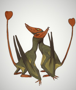 ambiguous_gender beak claws duo eyes_closed feral folded_wings green_body heart_tail looking_at_another membrane_(anatomy) membranous_wings nuzzling plantigrade pupils quadruped raised_tail sharp_teeth side_view simple_background slit_pupils standing tail teeth white_background wings mossa prehistoric_species pterosaur reptile rhamphorhynchus scalie 2021 hi_res
