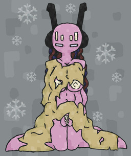 antennae_(anatomy) breasts clothed clothing cold crossgender female genitals kneeling mtf_crossgender nipples partially_clothed snowflake solo torn_clothing vulva delzeta rain_world videocult five_pebbles_(rain_world) humanoid iterator_(rain_world) absurd_res hi_res