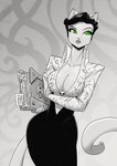 2022 anthro big_breasts bone book bookmark breasts cleavage clothed clothing conditional_dnp dress felid feline female fully_clothed green_eyes greyscale hair huge_breasts jollyjack mammal monochrome necronomicon paper skull solo spot_color