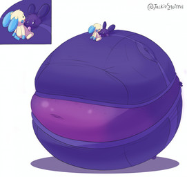 anthro belly belly_expansion big_belly black_eyebrows black_sclera blue_cheeks blue_ears blue_sclera blue_tail blueberry_inflation body_inflation bottomwear clothing duo expansion eyebrows fellatio female genitals huge_belly hyper hyper_belly hyper_inflation immobile inflation male male/female navel on_another open_mouth open_smile oral pants penile penis penis_in_mouth pink_penis purple_body purple_bottomwear purple_cheeks purple_clothing purple_ears purple_pants purple_shirt purple_tail purple_topwear purple_tracksuit red_mouth round_body sex shirt simple_background sitting sitting_on_another smile smiling_at_another spherical_inflation sunken_head sunken_limbs tail tan_body text three-quarter_view tight_clothing topwear tracksuit white_background white_eyes jackiesquirrel nintendo pokemon generation_3_pokemon minun plusle pokemon_(species) 2026 artist_name colored digital_media_(artwork) hi_res shaded