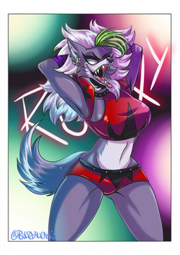 anthro armwear belt big_breasts bottomwear breasts cheek_tuft clothing collar dipstick_tail ear_piercing ear_ring eyebrows eyelashes facial_tuft female green_highlights hair hands_behind_head highlights_(coloring) markings navel open_mouth pattern_armwear pattern_clothing piercing purple_armwear purple_clothing red_bottomwear red_clothing red_topwear ring_piercing sharp_teeth shoulder_pads solo studded_belt studded_collar studs tail tail_markings teeth text thick_thighs topwear tuft white_hair wide_hips yellow_eyes tlacuachescum five_nights_at_freddy's five_nights_at_freddy's:_security_breach scottgames steel_wool_studios roxanne_wolf canid canine canis mammal wolf 2022 digital_media_(artwork) hi_res