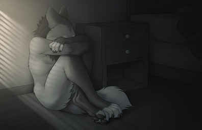 4_toes 5_fingers anthro barefoot bed bed_sheet bedding biped black_claws black_pawpads claws crossed_arms crossed_legs dark detailed_background digitigrade dipstick_tail drawer faceless_character faceless_male feet fingers fluffy fluffy_tail fur fur_tuft furniture gloves_(marking) head_tuft hindpaw inside leg_markings leg_tuft light male markings multicolored_tail neck_tuft nude on_ground pawpads paws sad side_view sitting sitting_on_ground socks_(marking) solo sunlight tail tail_markings three-quarter_view toes tuft skyelegs alan_skye_(brachyurus) canid canine mammal maned_wolf 2020 digital_drawing_(artwork) digital_media_(artwork) greyscale lighting monochrome