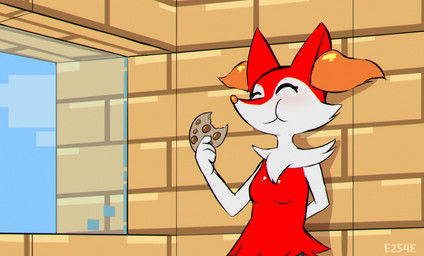 4_fingers alternate_color anthro arm_tuft black_body breasts candy cheek_tuft chest_tuft chocolate chocolate_chip_cookie chocolate_chips cookie dessert eating eating_food eyes_closed facial_tuft female female_anthro fingers food fur fur_clothing glass_window holding_food holding_object inner_ear_fluff orange_body orange_fur orange_inner_ear_fluff orange_nose pseudo_clothing red_body red_fur shoulder_tuft small_breasts smile thin_arms tuft wall_(structure) white_body white_fur e254e microsoft minecraft mojang nintendo pokemon xbox_game_studios dominator_(typicaldork) braixen generation_6_pokemon pokemon_(species) 2023