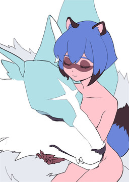 5_fingers anthro blue_hair clothed clothed/nude clothing duo eyes_closed fangs female feral fingers fluffy fur ginrou hair interspecies love male male/female nude orange_body orange_fur petting sitting size_difference teeth white_body white_fur totemonemuuui brand_new_animal studio_trigger michiru_kagemori shirou_ogami canid canine canis mammal raccoon_dog tanuki wolf 2020 digital_media_(artwork) hi_res