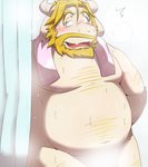 anthro beard belly blonde_hair blush facial_hair hair horn kemono male mature_anthro mature_male moobs mustache nipples overweight overweight_anthro overweight_male solo towel wet emufu undertale undertale_(series) asgore_dreemurr boss_monster_(undertale) bovid caprine mammal 2017