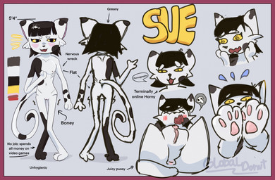 anthro black_hair breasts feet female female_anthro foot_focus fur gamer_girl genitals hair malnourished nervous paws presenting presenting_vulva simple_background small_breasts solo text vulva white_body white_fur globaldonut34 sue_(globaldonut34) felid feline mammal english_text hi_res model_sheet