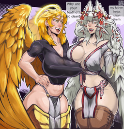 anthro blush bodily_fluids breasts clothing dialogue duo feathers female female/female hair halo open_mouth team_gazer text wings albinion fan_character lumanya_(albinion) mammal absurd_res digital_media_(artwork) hi_res
