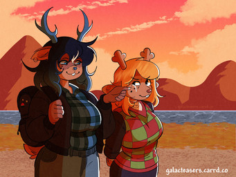 anthro bag blonde_hair blue_eyes breasts duo female hair horn outside galacteasers deltarune undertale_(series) dess_holiday noelle_holiday deer mammal new_world_deer reindeer 2025 hi_res