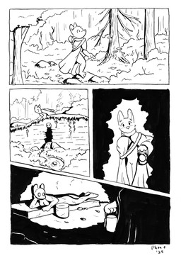 anthro cave cliff cloak clothing creek female forest fungus lamp lantern male mushroom plant sculpture solo statue tree phano canid canine fox mammal comic hi_res monochrome