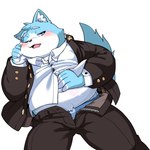 anthro belly black_nose blue_body blush bottomwear clothing humanoid_hands kemono male one_eye_closed overweight overweight_male pants shirt solo topwear underwear white_body dokyudokyu1 canid canine mammal 1:1 2022 hi_res