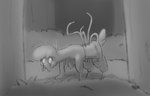 alpaca blurred_foreground body_horror camelid carpet cloven_hooves female feral greyscale hi_res hitsuji hooves long_tongue mammal monochrome paprika_paca_(tfh) plant shrub simple_background solo split_mouth tentacles them's_fightin'_herds tongue