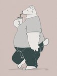 anthro barefoot belly bendy_straw beverage black_bottomwear black_clothing black_pants blush bottomwear clothed clothing drinking drinking_straw feet fingers fur grey_clothing grey_shirt grey_topwear holding_object kemono male overweight overweight_male pants pink_background shirt side_view simple_background solo toes topwear white_body white_fur dumdum bear mammal polar_bear ursine 2021 hi_res