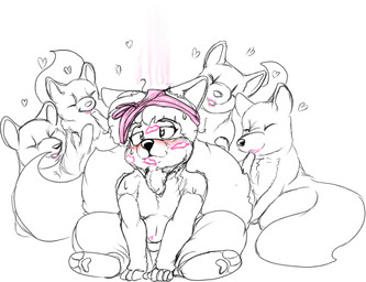 ambiguous_gender anthro blush eyes_closed feral group heart_symbol kiss_mark lips lipstick makeup male male/ambiguous pink_lips seduced sitting tail kitsune_youkai kit_(kitsune_youkai) canid canine fox mammal red_fox true_fox 2022 spot_color
