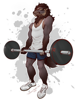 anthro barbell claws clothed clothing exercise footwear fur hair male muscular muscular_anthro muscular_male shoes simple_background sneakers solo teeth_showing weightlifting workout kredri canid canine canis mammal wolf hi_res