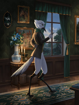 anthro avian_feet beak candle candlestick carpet clothing curtains detailed_background feathers flower formal_wear furniture inside jacket key keyring male picture_frame plant portrait_(object) scarf solo table tail tail_feathers topwear vase wallpaper_(decoration) window oskolock avian bird stork 2026 hi_res signature