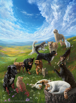 ambiguous_gender black_body black_fur brown_body brown_fur cloud dandelion day detailed_background feral flower fur grass group looking_at_viewer looking_up outside pawpads plains plant sitting sleeping smile standing tail tongue tongue_out tree_stump walking whiskers white_body white_fur alayna_danner hasbro magic:_the_gathering wizards_of_the_coast canid canine canis domestic_cat domestic_dog felid feline felis mammal 2024 absurd_res digital_media_(artwork) hi_res official_art
