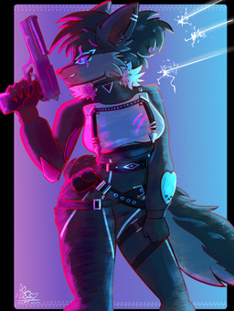 action_pose anthro belt black_body black_fur blue_eyes blue_hair blue_lighting bottomwear clothing confident cosplay crop_top ear_piercing ear_ring fangs female fur glowing glowing_eyes glowing_pupils gun hair handgun harness holding_gun holding_object holding_ranged_weapon holding_weapon markings multicolored_hair neon neon_lights pants piercing pistol pose purple_eyes ranged_weapon red_lighting red_markings ring_piercing shirt simple_background smile smirk solo straps tactical_gear tail teeth three-quarter_view topwear weapon driftuwu epic_games fortnite pack_leader_highwire sol_evernight canid canine canis mammal wolf 3:4 absurd_res hi_res shaded