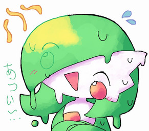 blush female hair hair_over_eye humanoid_pointy_ears melting open_mouth open_smile pointy_ears simple_background smile solo text white_background melfunnysmell nintendo pokemon gaba_(melfunnysmell) gardevoir generation_3_pokemon humanoid pokemon_(species) japanese_text