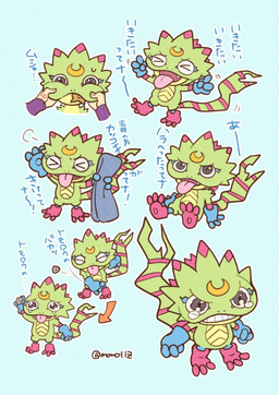 anthro bodily_fluids crying green_body male open_mouth scarf sitting tantrum tears text tongue maro11z bandai_namco digimon digimon_beatbreak digimon_(species) gekkomon scalie hi_res japanese_text multiple_scenes