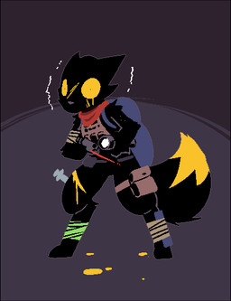 4_fingers arm_tuft backpack bandage bandaged_arm bandaged_leg bandaged_legs black_body black_fur blood blood_drip blood_on_floor bodily_fluids clothing colored_blood digitigrade dipstick_tail dripping emanata facial_scar fingers flashlight fur gun holding_flashlight holding_gun holding_object holding_ranged_weapon holding_weapon leg_pouch markings orange_sclera pouch_(clothing) ranged_weapon scar scared scared_eyes scarf shaking shoulder_tuft simple_background solo syringe syringe_in_leg tail tail_markings topwear tuft unusual_blood unusual_bodily_fluids vest weapon yellow_blood nekuzx casualties:_unknown expie_(gunsawian) gunsawian