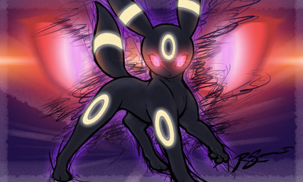 abstract_background ambiguous_gender aura black_body black_fur dark digitigrade fur glowing glowing_eyes looking_at_viewer paws pupils quadruped red_eyes shadow slit_pupils solo ja-punkster nintendo pokemon canid canine eeveelution generation_2_pokemon mammal pokemon_(species) umbreon 5:3 shaded signature