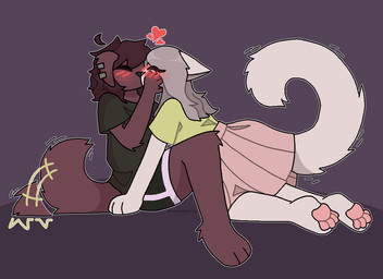 anthro black_clothing black_shirt black_topwear black_underwear blush brown_body brown_fur brown_hair clothing duo ear_piercing eyes_closed female floppy_ears fur grey_hair hair hand_on_cheek kissing male male/female pawpads piercing pink_clothing pink_pawpads pink_shirt pink_topwear romantic romantic_couple shirt sitting tail tail_motion tailwag topwear underwear white_body white_fur yellow_clothing yellow_shirt yellow_topwear ashblondekittyy rex_(ashblondekittyy) yuna_(ashblondekitty) canid canine canis domestic_cat domestic_dog felid feline felis mammal trans_(lore) trans_man_(lore) trans_woman_(lore)