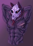 anthro athletic athletic_male black_body black_fur bone fur glowing glowing_eyes hands_behind_head long_tongue male muscular muscular_male nipples red_body red_eyes red_fur scar simple_background skull skull_head solo tongue tongue_out masskaract nazukio kryptid absurd_res hi_res