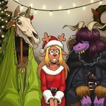 annoyed anthro antlers biped blonde_hair bone brown_body brown_fur christmas_clothing christmas_headwear christmas_lights clothing costume female freckles fur group hair hat headgear headwear hobby_horse holidays horn male malicious_compliance pink_body santa_costume santa_dress santa_hat skull trio angusburgers christmas deltarune european_mythology german_mythology mythology undertale_(series) welsh_mythology krampus kris_(deltarune) mari_lwyd noelle_holiday susie_(deltarune) deer equid equine horse human mammal monster new_world_deer reindeer reptile scalie 1:1 2022 absurd_res digital_media_(artwork) hi_res