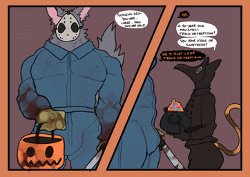 animal_mask anthro beak_mask blood bodily_fluids cauldron clothing dialogue duo food fruit hockey_mask jumpsuit machete male mask melee_weapon muscular muscular_male plague_doctor plant pumpkin size_difference speech_bubble sports_mask sportswear tail text weapon drstrangeluvve aquilo_(drstrangeluvve) calico_cat canid canine canis domestic_cat felid feline felis mammal wolf comic english_text hi_res