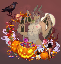 anthro breasts candy dessert duo eyelashes female fog food forked_tongue fruit hair head_tuft holidays horn jack-o'-lantern lamp lantern membrane_(anatomy) membranous_wings moon nails nipples nude plant poison pumpkin red_hair ribbons ribs small_breasts solo_focus standing tongue tongue_out tuft wand wide_hips wings felicesta fluffybloodwolf halloween ko_(e10109) avian bird corvid corvus_(genus) crow kobold oscine passerine scalie hi_res