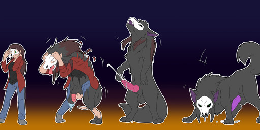 animal_genitalia animal_penis balls becoming_erect biped biped_to_quadruped black_body black_clothing black_fur black_sclera black_shirt black_topwear blue_bottomwear blue_clothing blue_pants bodily_fluids bone bone_mask bottomwear breasts brown_hair canine_genitalia canine_penis clothing cum cumshot digitigrade ejaculation erection female feral four_frame_sequence ftm_transformation fur fur_growth gender_transformation genital_fluids genitals gradient_background green_eyes growth hair hands-free human_to_feral knot knotted_penis long_hair looking_at_viewer male mask misplaced_urethra pants penis pink_penis plantigrade plantigrade_to_digitigrade purple_penis quadruped sheath shirt simple_background skull skull_mask solo species_transformation spontaneous_ejaculation standing tail tail_growth tongue tongue_out topwear torn_bottomwear torn_clothing torn_pants torn_shirt torn_topwear transformation transformation_sequence kyrio canid canine canis human mammal wolf absurd_res hi_res