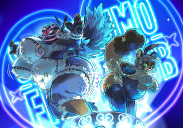 annoyed anthro belly big_belly big_breasts big_butt blue_hair breasts brown_body brown_fur butt butt_slam clothed clothing curled_horn dancing duo feathered_wings feathers female footwear fur garter_belt garter_straps green_eyes hair high_heels highlights_(coloring) hitting horn kemono legwear losing_balance naturally_censored neon_lights neon_sign pink_eyes platform playboy_bunny purple_body purple_fur shoes sign spikes stockings straps thick_thighs white_hair wings wool_(fur) utsuki_maito avian bovid canid canine caprine hybrid mammal raccoon_dog tanuki