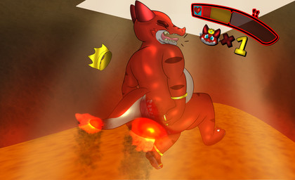 anthro belly burning butt butt_on_fire crown fire gameplay_mechanics gui hand_on_butt headgear health_bar horn lava life_(gaming) male nude pain red_body slightly_chubby solo tail tail_on_fire thick_thighs videogame_setting namemeana kobold scalie absurd_res digital_media_(artwork) hi_res