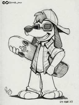 anthro barefoot bottomwear clothed clothing eyewear feet floppy_ears front_view grin hat headgear headwear holding_skateboard logo male male_anthro open_clothing open_mouth open_smile open_topwear pants smile solo standing sunglasses topwear young young_anthro young_male pandapaco canid canine canis domestic_dog mammal 2023 artist_logo dated full-length_portrait hi_res monochrome portrait signature sketch