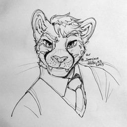 accessory anthro clothed clothed_male clothing collared_shirt dress_shirt fangs fully_clothed fully_clothed_male fur hair inner_ear_fluff looking_at_viewer male male_anthro markings necktie shirt short_hair smile solo spots spotted_body spotted_fur teeth topwear tuft vest whisker_spots whiskers alibi_47 julius_(darvince) american_cheetah felid feline mammal miracinonyx prehistoric_species 1:1 2025 dated graphite_(artwork) greyscale guide_lines hi_res line_art monochrome pen_(artwork) signature traditional_media_(artwork)