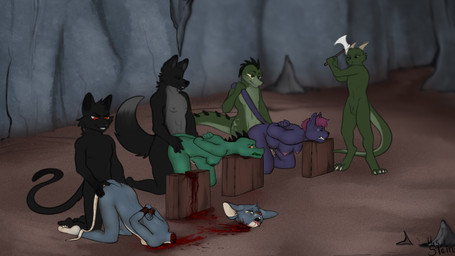 ambiguous_penetration anthro areola axe bent_over blood blood_puddle bodily_fluids bound breasts butt clenched_teeth corpse death decapitation execution executioner eyes_closed feet female female_death female_penetrated female_raped fingers forced from_behind_position fur genital_fluids genitals gore gore_focus group group_sex hands_behind_back hands_tied hands_tied_behind_back holding_axe holding_object holding_tail imminent_death kneeling male male/female male_penetrating male_penetrating_female male_raping male_raping_female necrophilia nipples nude nude_anthro nude_female nude_male open_mouth orgy penetration penile penile_penetration rape saliva saliva_string severed_body_part severed_head sex smile snuff soles standing tail teeth toes tongue tongue_out weapon mrs._stein mythology canid canine canis domestic_cat domestic_dog dragon felid feline felis lizard mammal mouse murid murine mythological_creature mythological_scalie reptile rodent scalie wolf 16:9 digital_media_(artwork) widescreen