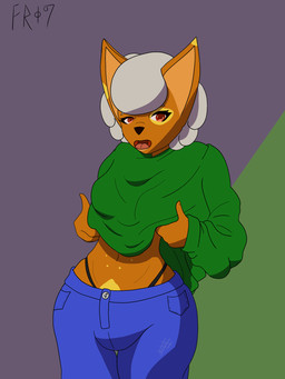 anthro bottomwear clothed clothing clothing_lift denim denim_bottomwear denim_clothing eyelashes female fur green_clothing green_shirt green_topwear grey_hair hair jeans long_eyelashes orange_body orange_fur pants shirt shirt_lift shy solo thong_straps topwear undressing nimanouz fineo_(nimanouz) mammal 3:4 hi_res