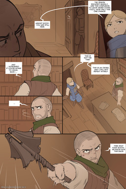 5_fingers armor blonde_hair breastplate clothed clothing dialogue dialogue_box duo facial_hair fingers gloves hair handwear headgear holding_object holding_weapon human_only inside male melee_weapon not_furry speech_bubble text weapon arbuzbudesh caska_(arbuzbudesh) human mammal 2026 2:3 colored comic english_text hi_res url