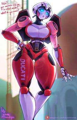 blue_eyes breasts dialogue female front_view glowing glowing_eyes hand_on_hip looking_at_viewer machine metallic_body solo standing text thick_thighs thigh_gap drawingshernan hasbro takara_tomy transformers arcee cybertronian humanoid robot robot_humanoid english_text hi_res url