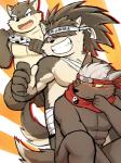 abs accessory clothing group headband headgear headwear male musclegut muscular pecs scar scarf slightly_chubby text text_on_clothing text_on_headwear trio sirius_hoshi_s lifewonders tokyo_afterschool_summoners moritaka_(tas) shino_(tas) tadatomo_(tas) canid canine canis domestic_dog mammal 3:4 hi_res