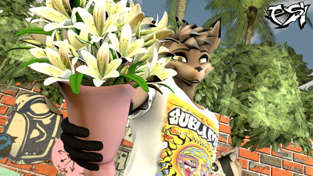 anthro black_body black_fur black_highlights brown_body brown_fur brown_hair clothing flower fur hair highlights_(coloring) holidays looking_at_viewer male multicolored_body multicolored_fur multicolored_hair offering_flower plant shirt solo t-shirt topwear two_tone_body two_tone_fur two_tone_hair yellow_eyes psikokinetic warfaremachine_(modeler) valentine's_day psiko_(psikokinetic) canid canine canis jackal mammal 16:9 2024 3d_(artwork) 4k absurd_res digital_media_(artwork) hi_res source_filmmaker_(artwork) widescreen